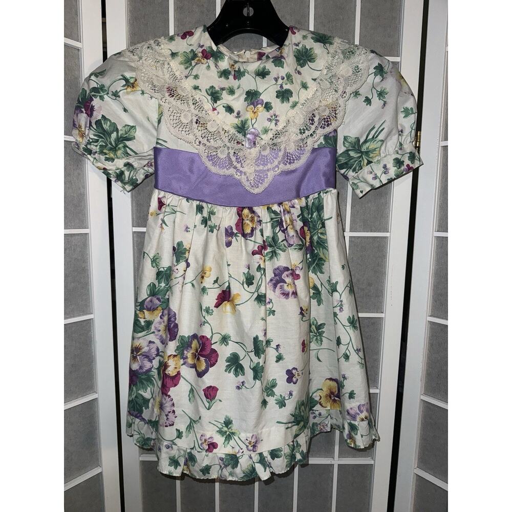 Vintage Girls Carrousel Dress Cottage Core Floral Ribbon Size 4 Lace